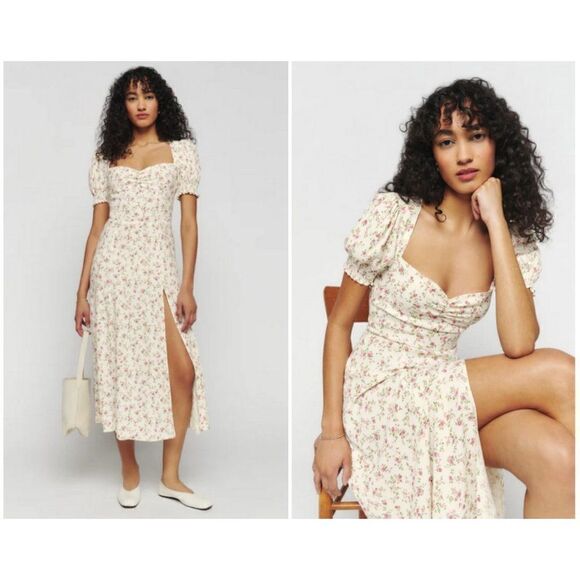 💕REFORMATION💕 Lacey Dress ~ Boheme Pink Micro-Floral Print 2 NWT - Picture 2 of 15